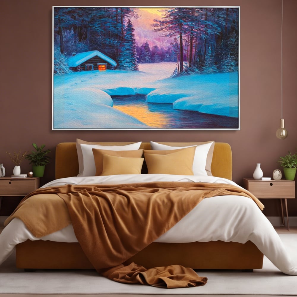 Tablou canvas cu pictura cu cabana inzapezita si parau, in rama de aluminiu argintiu, pe perete intr-un dormitor